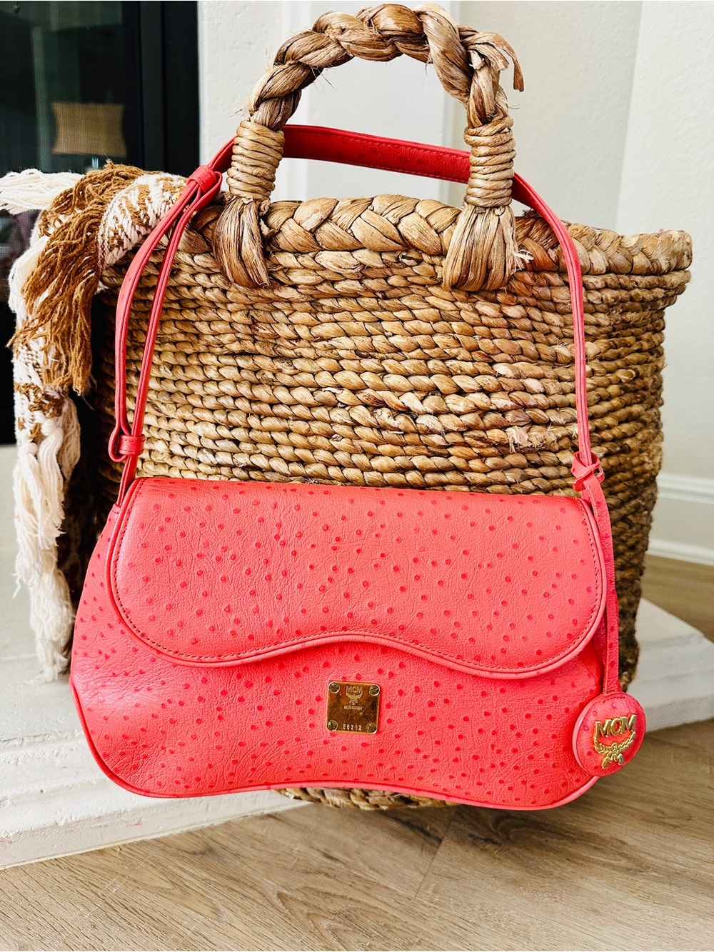 MCM Michael Cromer Coral/Pink Ostrich Embossed Flap Shoulder Bag Vintage RARE!!